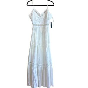 Lulu’s Sleeveless Backless Lace Cutout Maxi Dress White Rayon Boho Bridal
